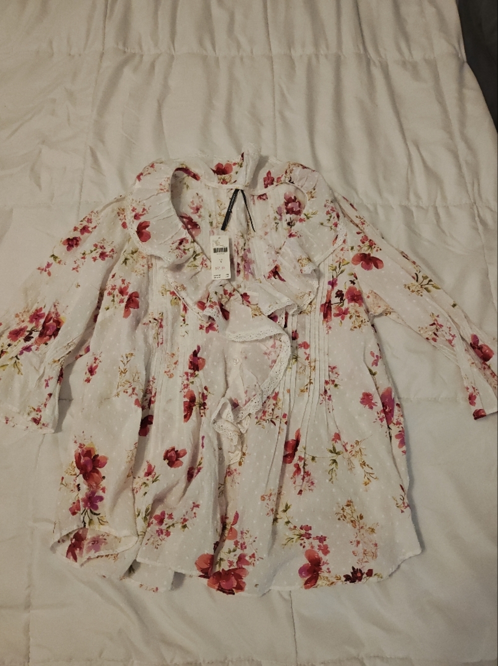 Anthropologie White Floral Ruffled Button-Front Dress with Pink & Red Blooms